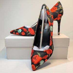 Charles David Black Pumps with Red & Green Floral Embroidery